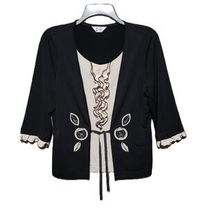 Yukali 12 Top Blouse Black Beige Ruffle Beaded 3/4 Sleeve Embellished Stretch